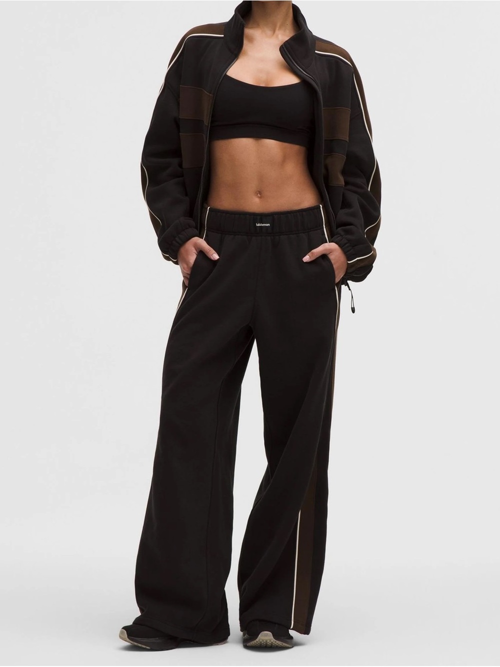 lululemon athletica Black Wide-Leg Track Pants with Brown Stripe